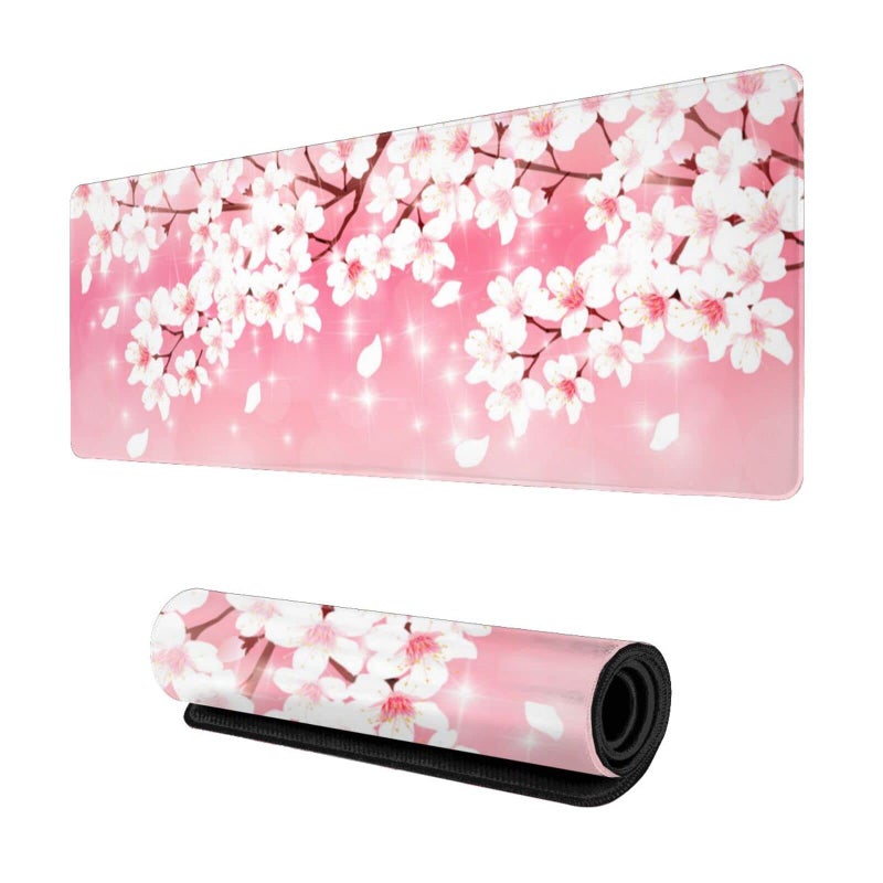 MOLIAN Pink Cherry Blossoms Gaming Mouse Pad XL  Large Non Slip Rubber Mousepad  Stitched Edges Desk Pad  Long Extended Mice Pad 31.5'' X 11.8'' - Image 1